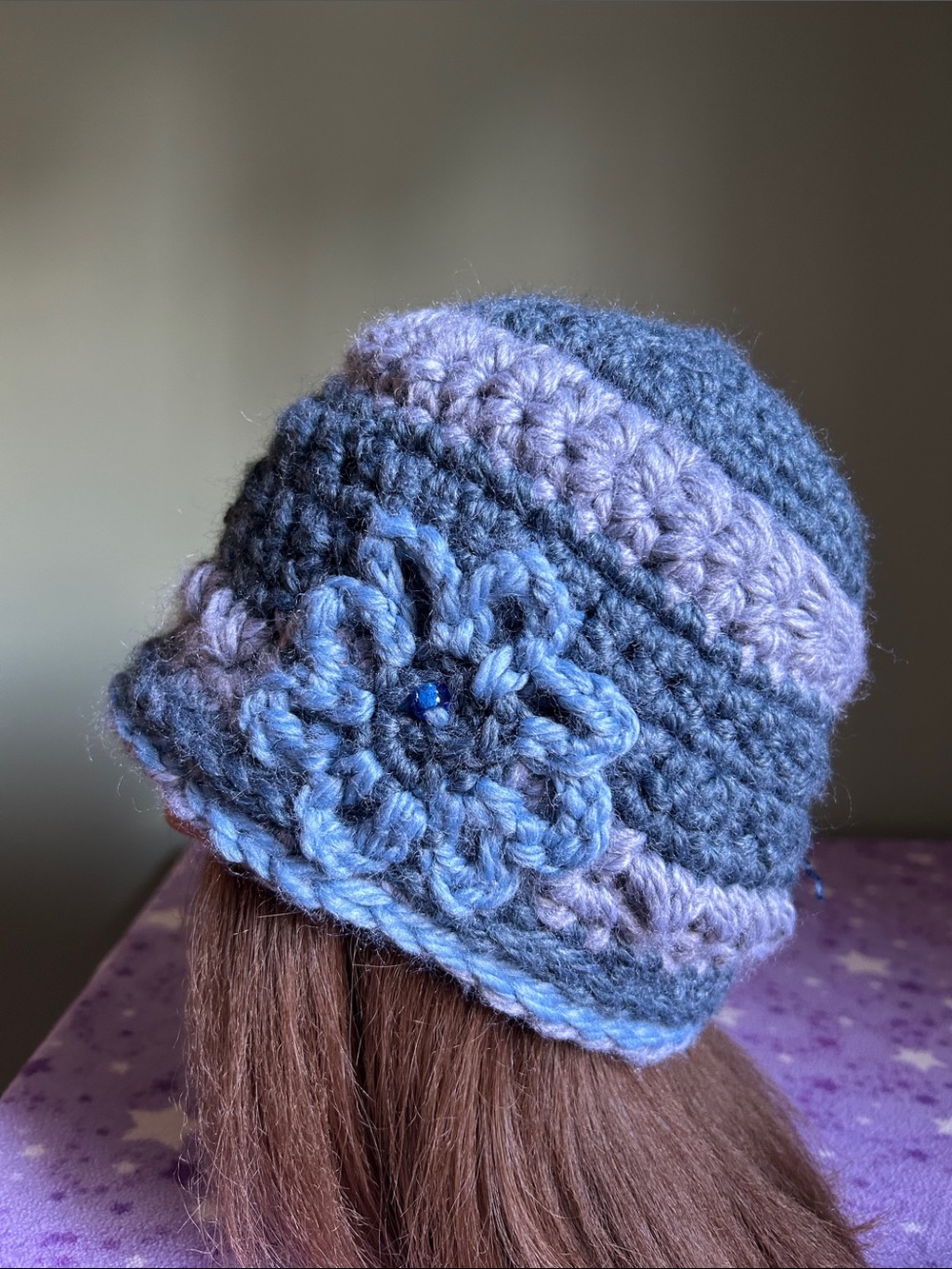 Handmade Grayish blue Crochet Beanie with Flower Accent